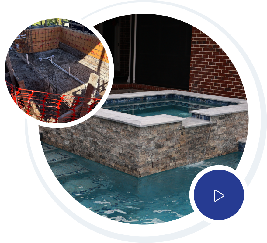 Luxury home with pool; white exterior, balconies, fountains, and fire pit on a sunny day.