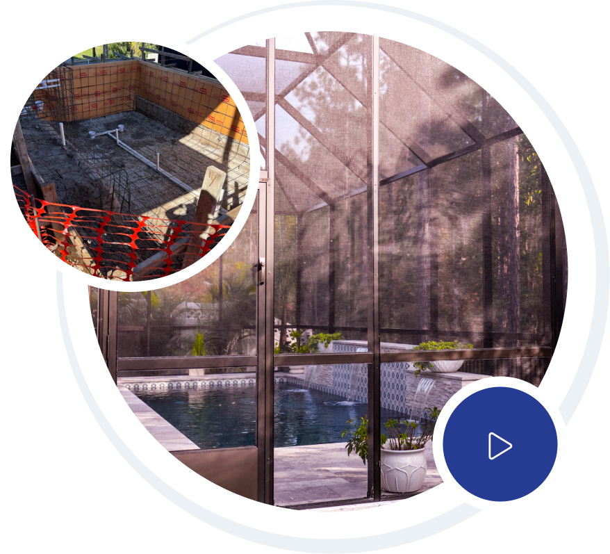 Luxury home with pool; white exterior, balconies, fountains, and fire pit on a sunny day.