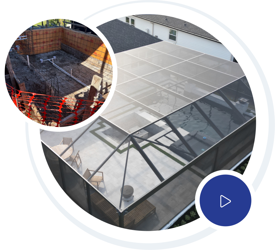 Luxury home with pool; white exterior, balconies, fountains, and fire pit on a sunny day.