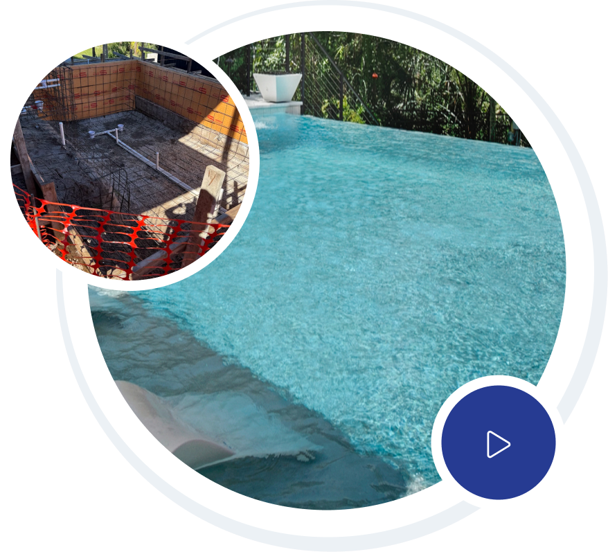 Luxury home with pool; white exterior, balconies, fountains, and fire pit on a sunny day.