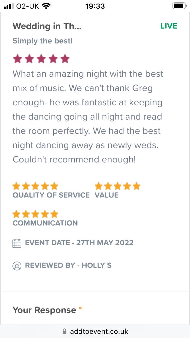 5 Star review of one of our recent events