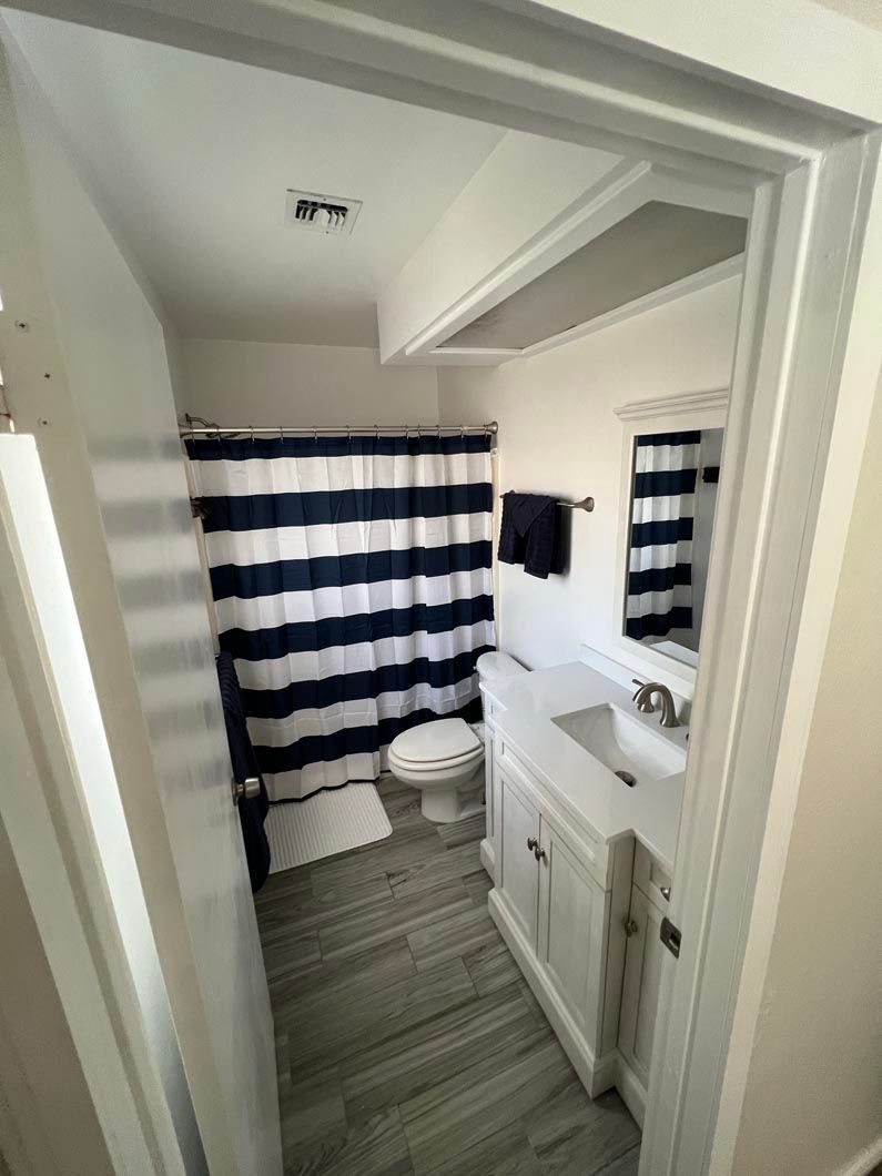 A bathroom with a toilet , sink , mirror and shower curtain.