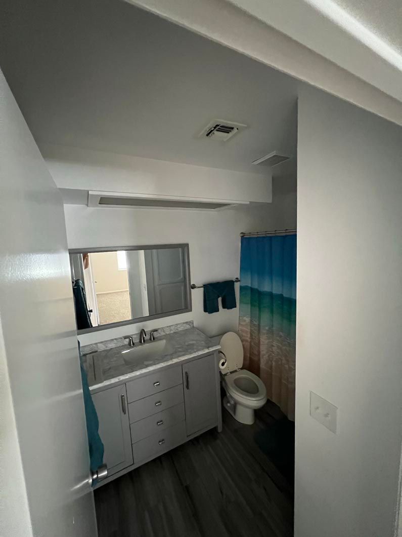 A bathroom with a sink , toilet , shower curtain and mirror.