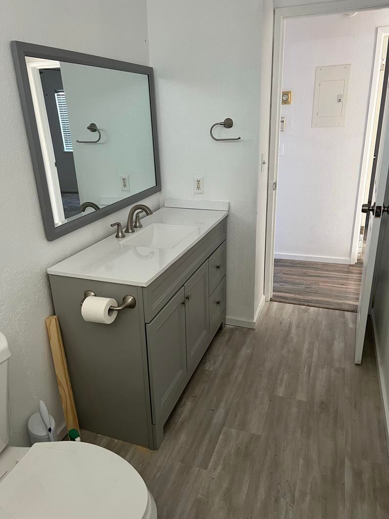 A bathroom with a sink , toilet and mirror.