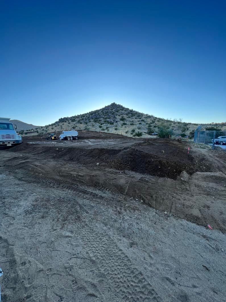 There is a mountain in the background and a lot of dirt in the foreground.