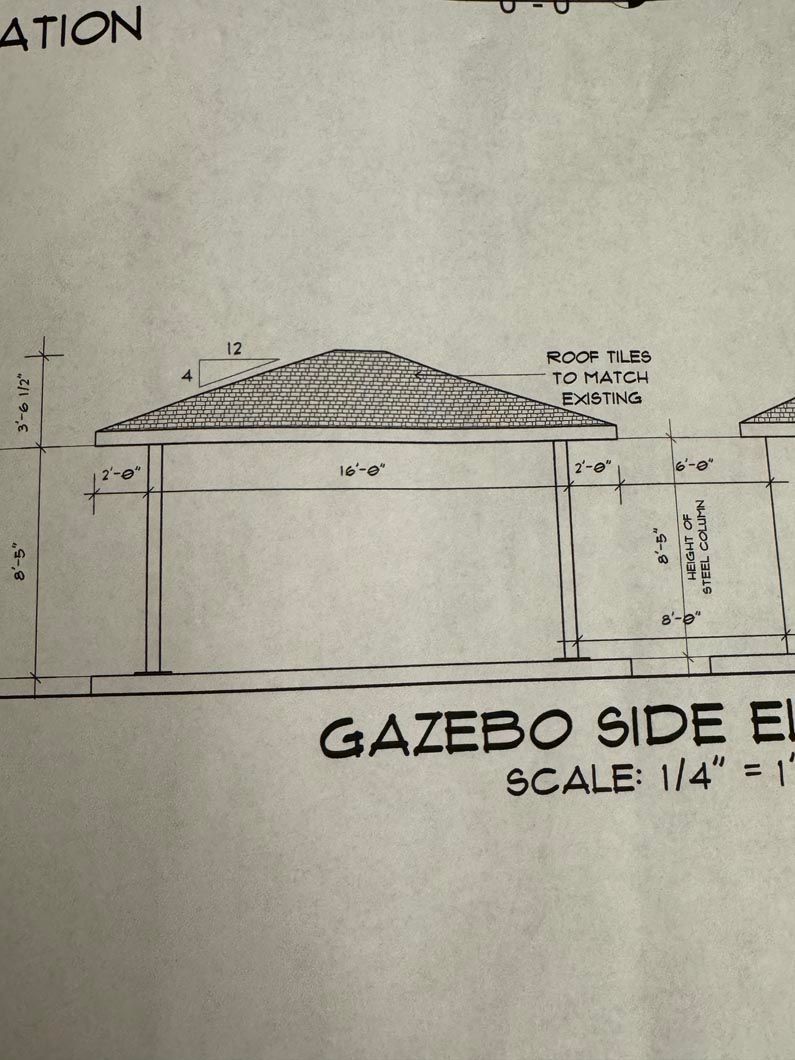 A black and white drawing of a gazebo side elevation