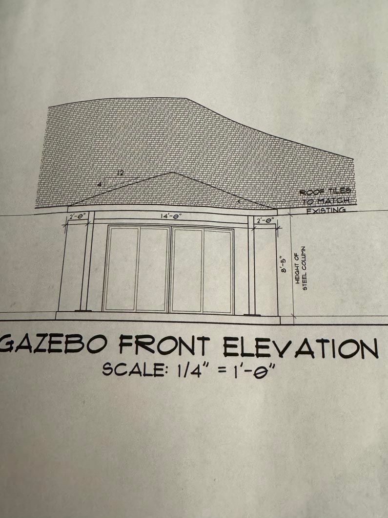 A black and white drawing of a gazebo front elevation