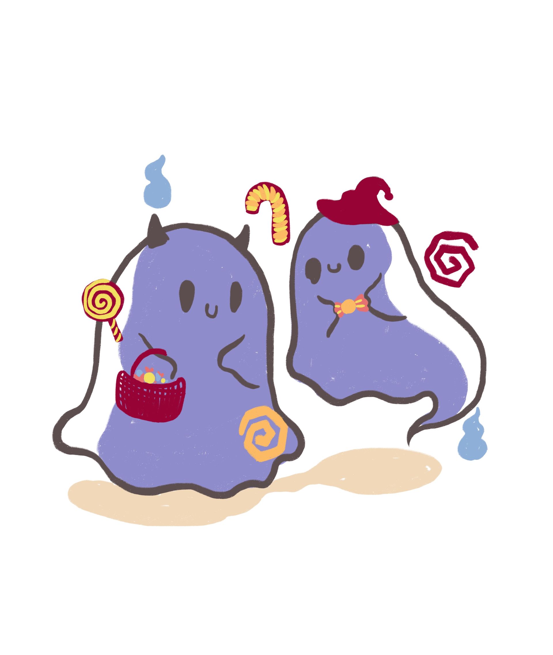 2 cute purple ghosts. 1 carries a candy basket and the other wears a witches hat.