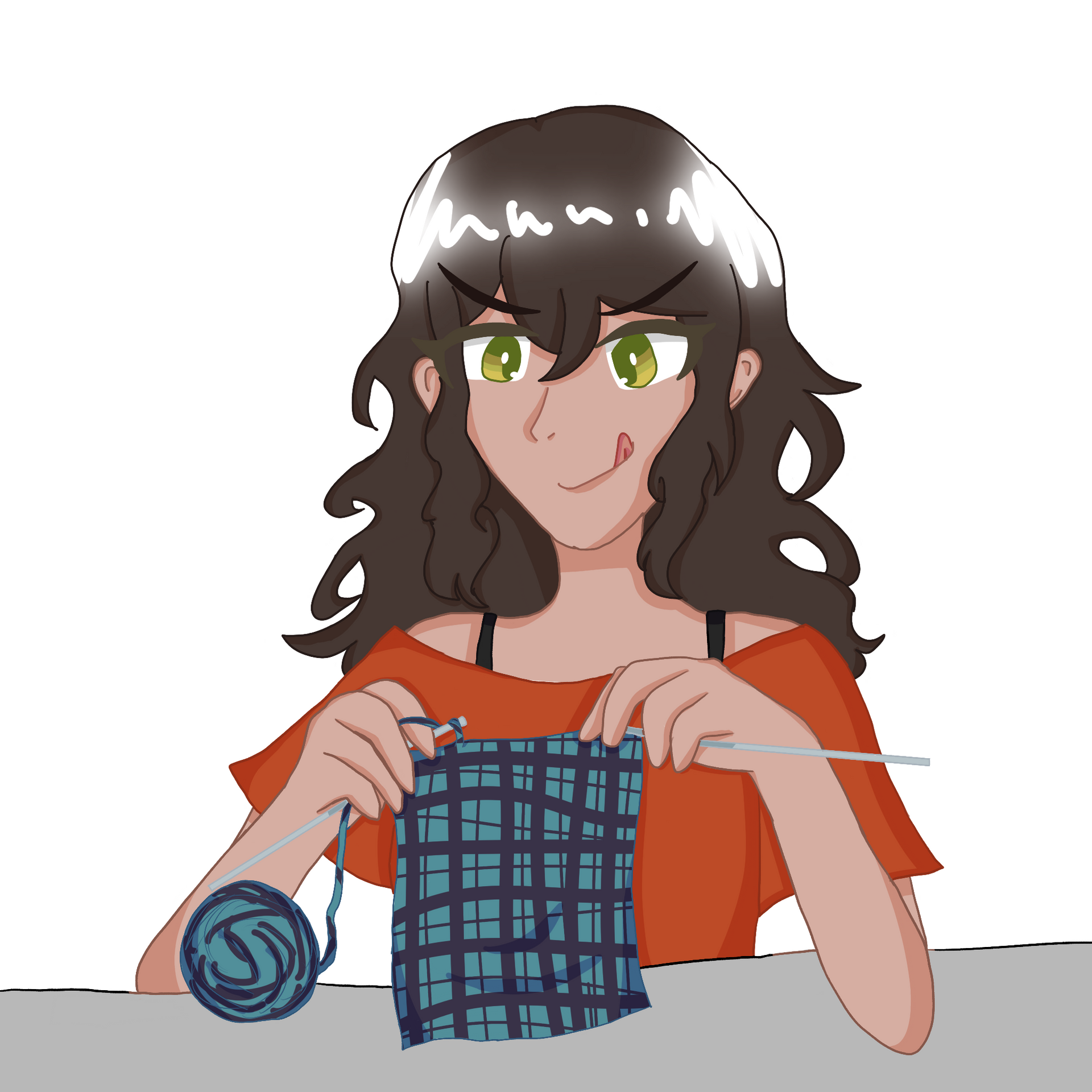 Happy anime girl knitting.