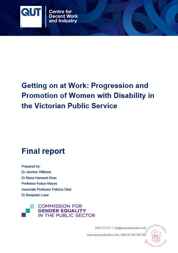 Cover of report: Getting on at Work: Progression and Promotion of Women with Disability in the Victorian Public Service - Plain English Version