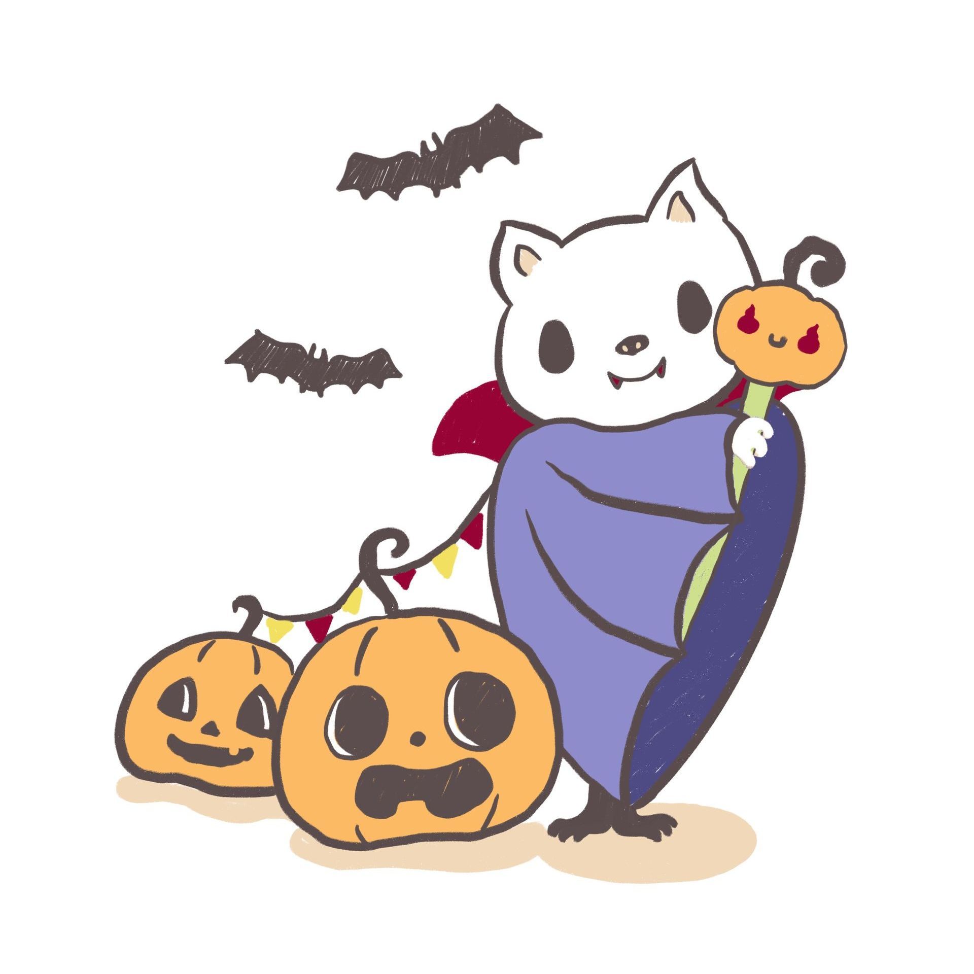 Illustration of Halloween themed cat. The cat is wearing a vampire cloak with
fangs holding a pumpkin wand. Next to the cat is two pumpkins, one looking scared and the other is smiling.