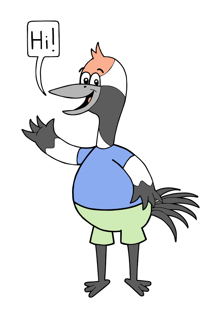 Bird standing and waving, wearing a blue shirt and green shorts, saying hi