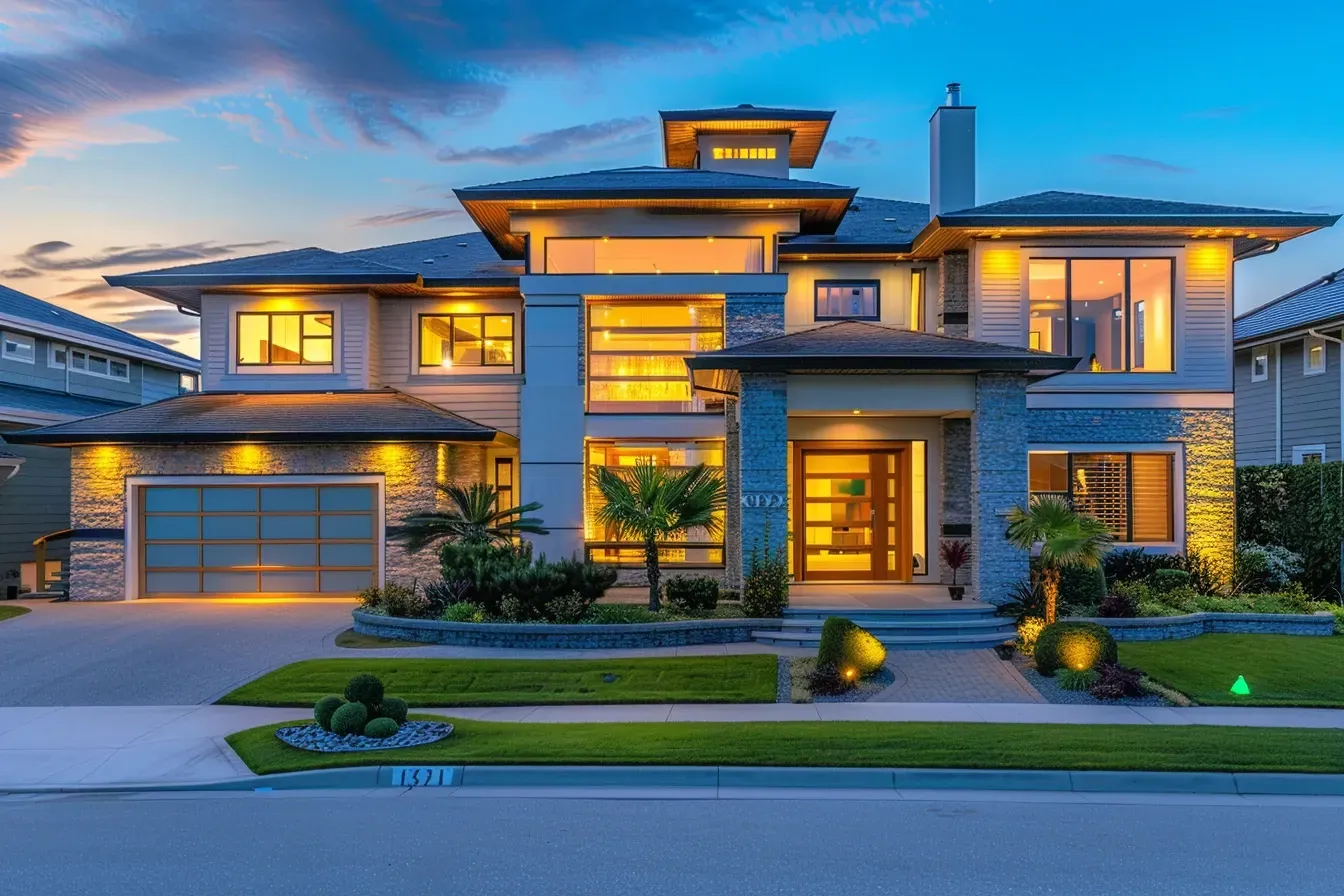 This commercial property near YVR uses outdoor lighting in Richmond BC for safety and branding. We provide commercial landscape lighting services. Keywords: commercial lighting, business safety, Sea Island.