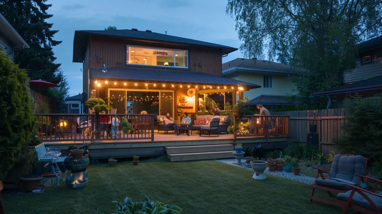 A subtle, moonlit effect is achieved with this pathway lighting in Richmond BC. The path lighting is integrated with taller garden lights for a natural feel. Keywords: natural lighting, moonlighting effect, integrated design.
