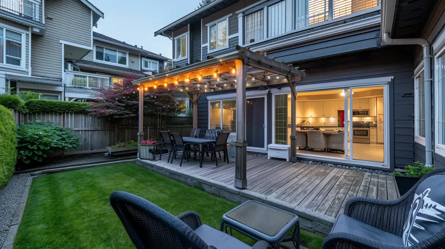 This small urban patio is made to feel larger with clever backyard lighting in Richmond BC. Our designs can maximize any City Centre space. Keywords: small space design, patio lighting, urban garden.