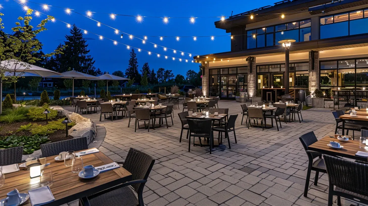 An outdoor kitchen and BBQ area are made functional with our backyard lighting in Richmond BC. This West Cambie design includes task lighting. Keywords: outdoor kitchen, task lighting, BBQ area.