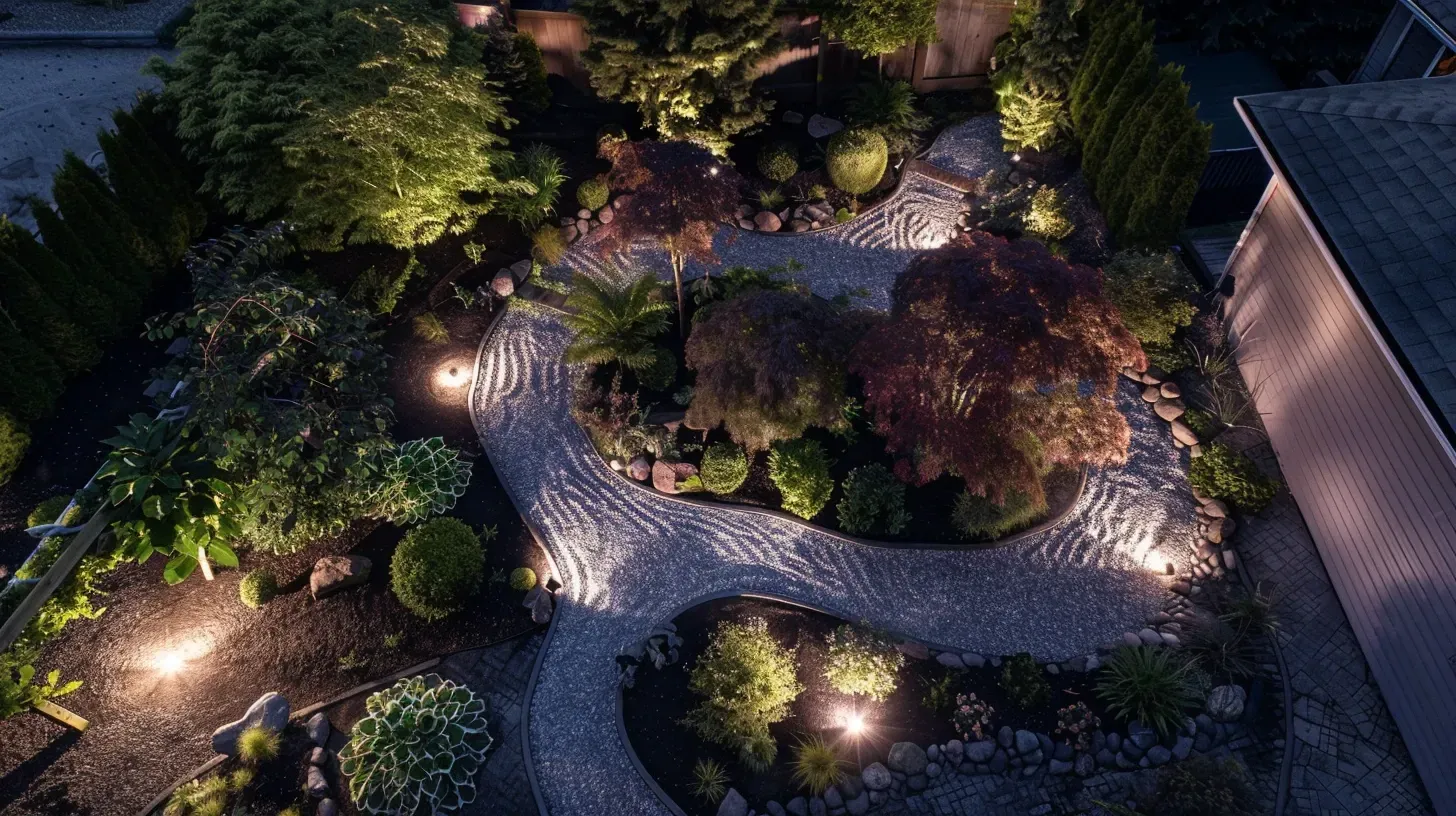 The texture of tree bark is highlighted with a grazing technique in this garden lighting in Richmond BC design. Keywords: texture lighting, grazing, landscape detail.