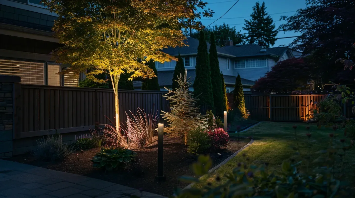 A close-up of a high-quality brass fixture for garden lighting in Richmond BC. The natural patina blends beautifully with the landscape. Keywords: brass fixtures, quality materials, professional grade.