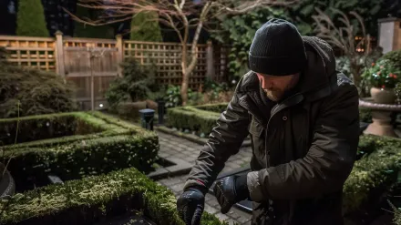 A technician performs Richmond landscape lighting repair on a faulty wire. This outdoor lighting Richmond BC service includes troubleshooting for 12V systems. For garden lighting repair in Ironwood and City Centre, our Richmond landscape lighting company is the expert. Keywords: landscape lighting repair, wiring, troubleshooting.