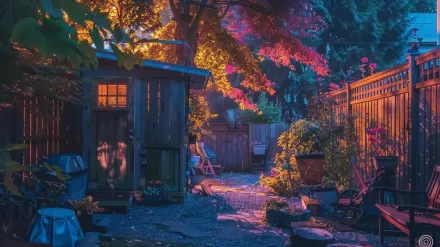 A festive atmosphere is created by colorful RGB bistro lights from our Richmond landscape lighting company, perfect for a party in Steveston. Keywords: RGB lighting, bistro lights, party lights, outdoor lighting.