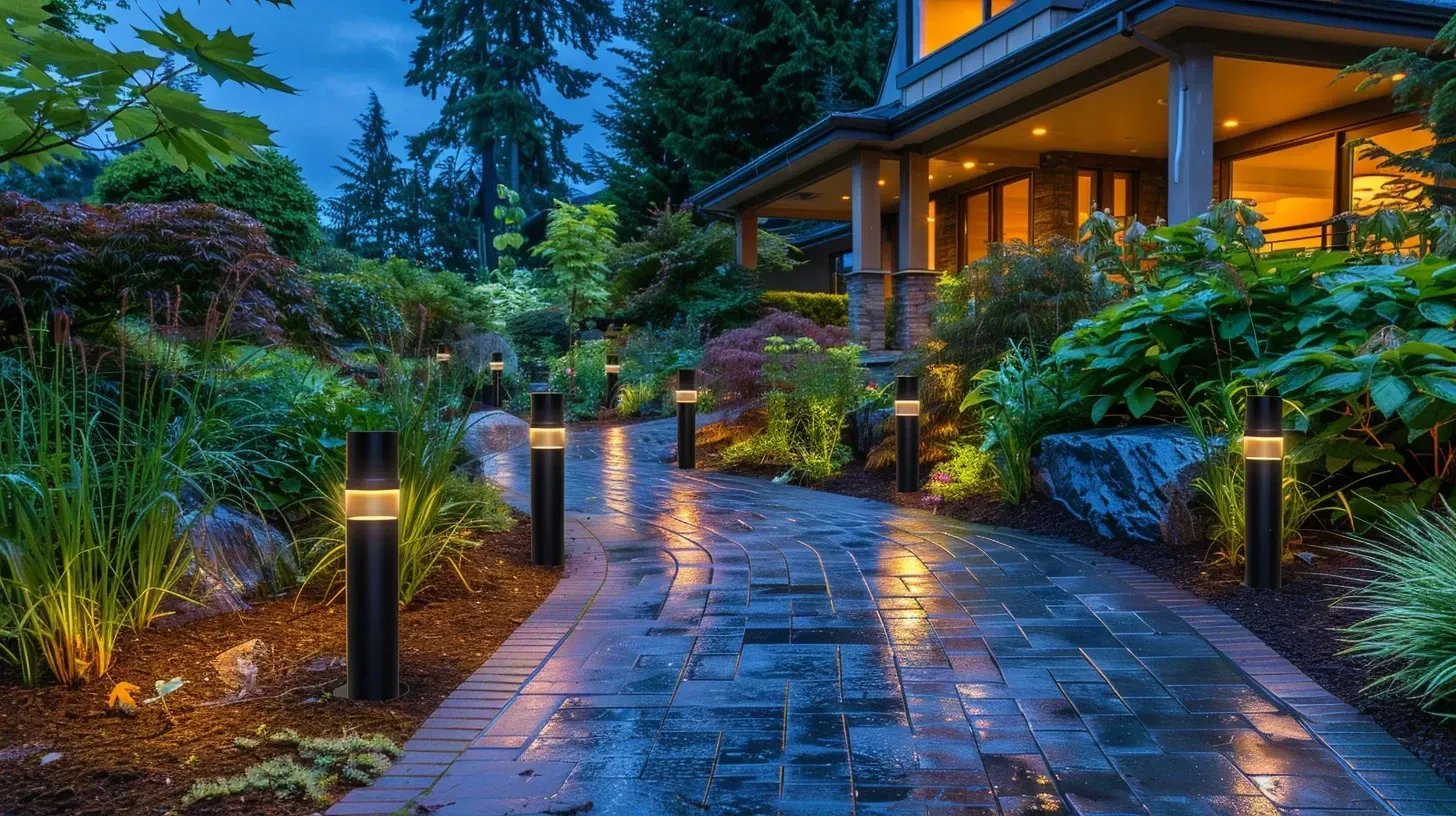 A winding stone path through a garden is guided by our garden lighting in Richmond BC. Our lighting ensures safe navigation. Keywords: path lighting, walkway safety, integrated design.