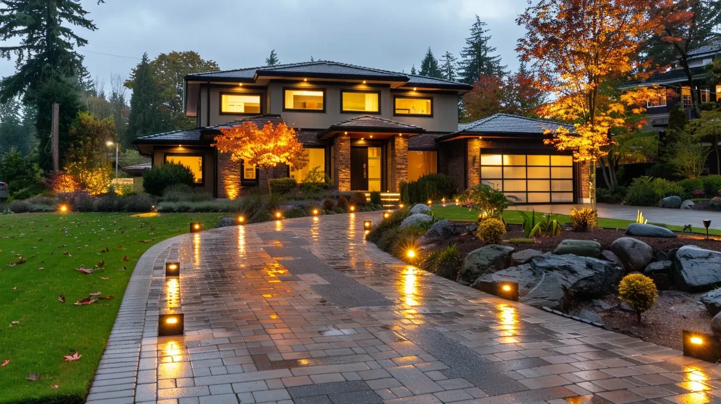 A cozy fire pit area is enhanced with subtle outdoor lighting in Richmond BC. Our designs create the perfect ambiance for your backyard. Keywords: fire pit lighting, backyard ambiance, outdoor living.