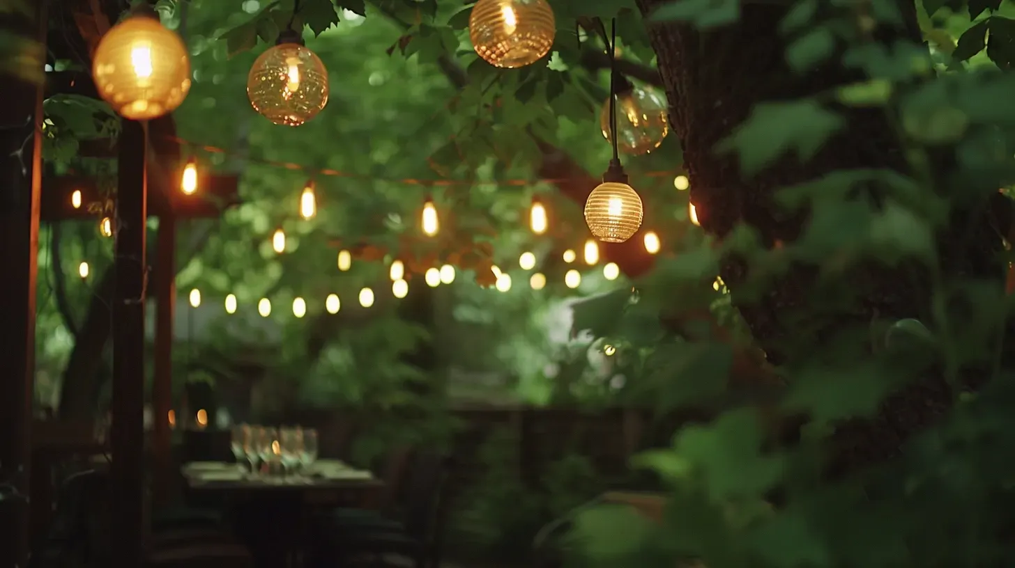 A romantic dinner setting under the stars, enhanced by our bistro lighting in Richmond BC. Our string lights create the perfect mood. Keywords: romantic lighting, intimate setting, mood lighting.