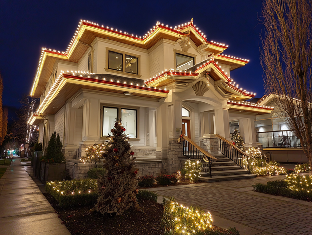Home exterior decorated with holiday roofline and landscape lighting