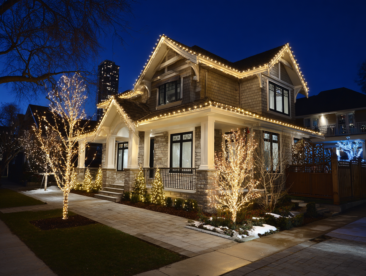 Richmond holiday lighting experts delivering residential Christmas décor services Richmond BC, commercial festive lighting contractors, roofline holiday lights, patio string lighting, backyard holiday lighting displays, driveway LED Christmas lighting services.