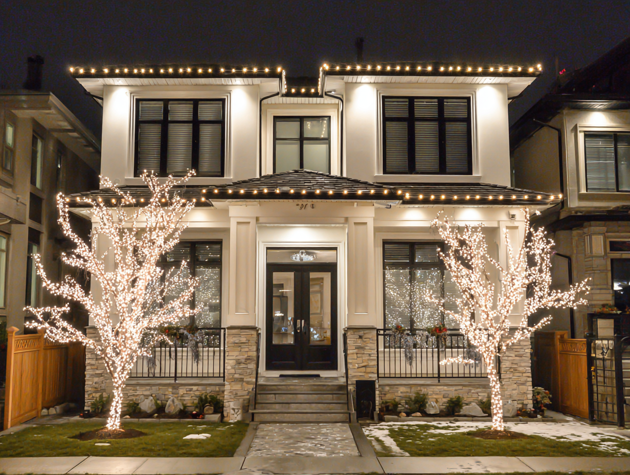 Affordable Richmond holiday lighting company delivering residential LED Christmas lights, commercial festive décor lighting services, roofline holiday lighting Richmond BC, patio holiday string lights, backyard outdoor décor lighting, driveway holiday lighting near me Richmond.