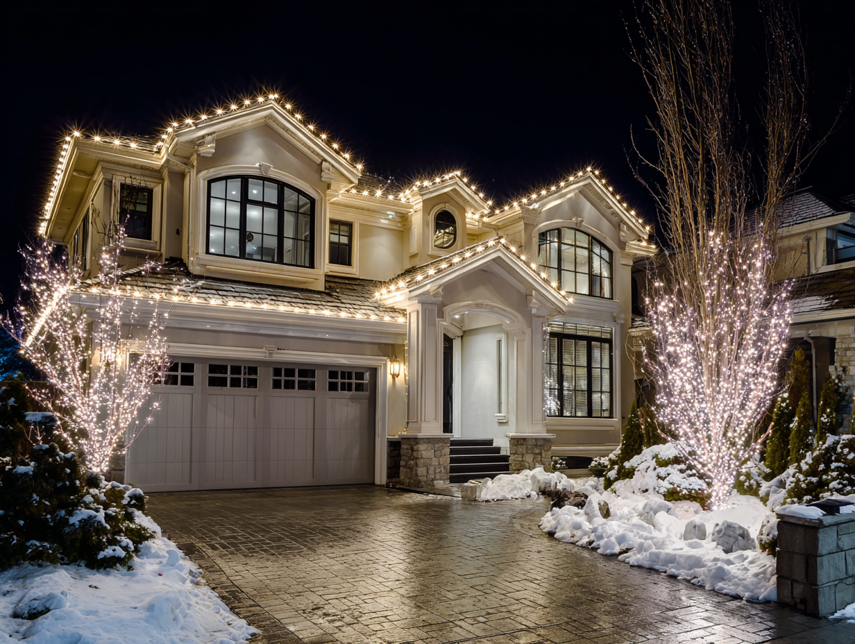 Professional Richmond Christmas lighting services with residential LED holiday lighting, commercial festive décor installers Richmond BC, roofline holiday lights setup, patio holiday string lighting, backyard outdoor Christmas lighting, driveway holiday lighting Richmond, seasonal lighting company near me.