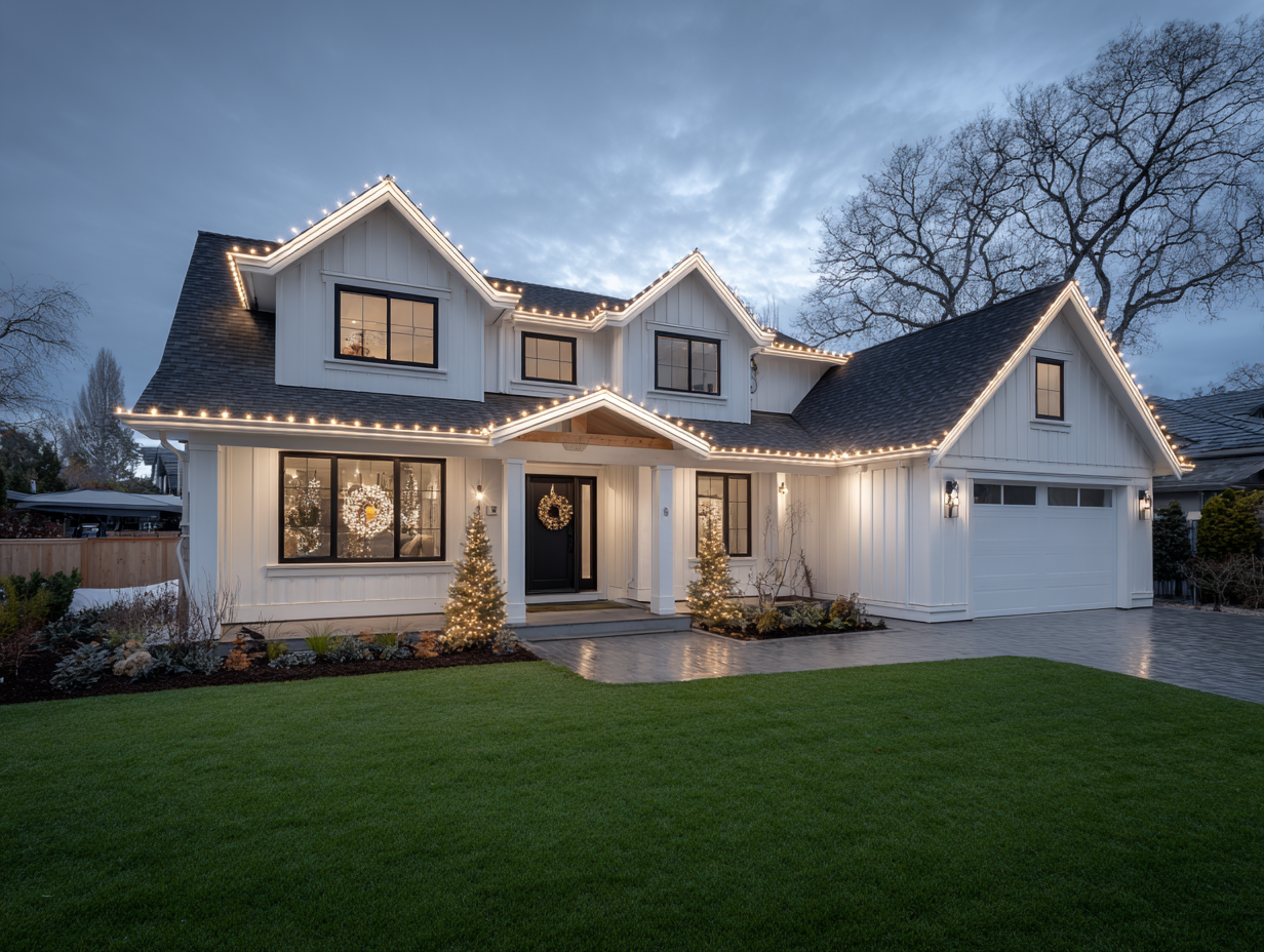 Affordable Richmond Christmas lighting company with residential LED outdoor décor, commercial festive lighting Richmond BC, roof holiday lights setup, patio string holiday lighting, backyard Christmas décor, driveway festive lighting services near me.