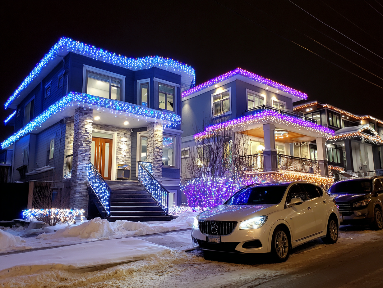 Richmond holiday lighting professionals providing Christmas décor installation, residential LED holiday lighting Richmond BC, commercial festive contractors, roof holiday lighting services, patio string lights, backyard outdoor décor, driveway festive lighting.
