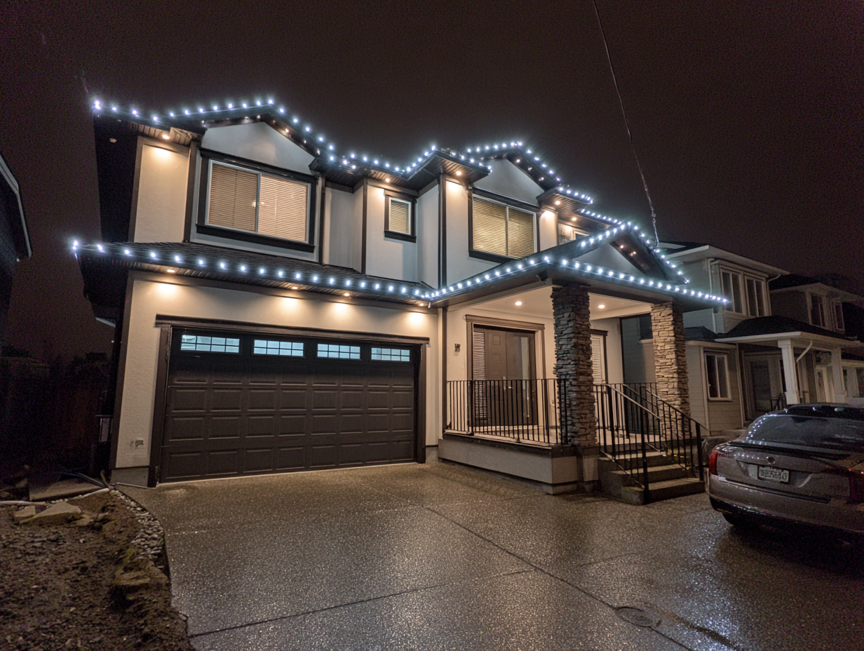 Top-rated Richmond holiday lighting contractors delivering Christmas light installation, LED outdoor holiday lights Richmond BC, residential Christmas décor lighting, commercial holiday lighting installers Richmond, roofline festive lights, patio and garden holiday décor, backyard lighting, Richmond driveway Christmas lights.