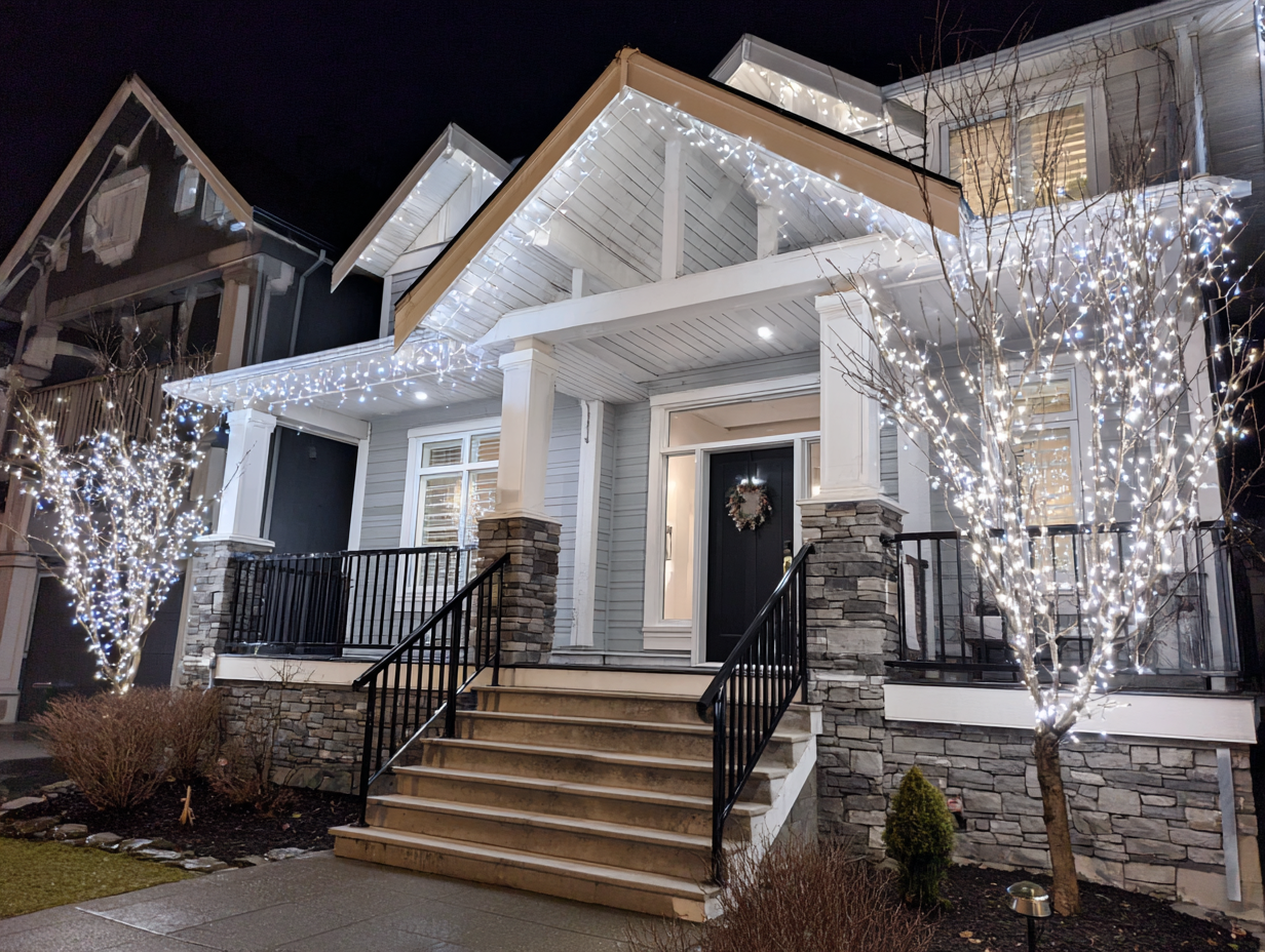 Richmond Christmas lighting installers for residential homes and commercial businesses, LED holiday lighting services Richmond BC, roofline Christmas lights hanging, patio festive lighting Richmond, backyard décor lighting, tree wrapping holiday displays, driveway holiday lighting, seasonal lighting contractors near me.
