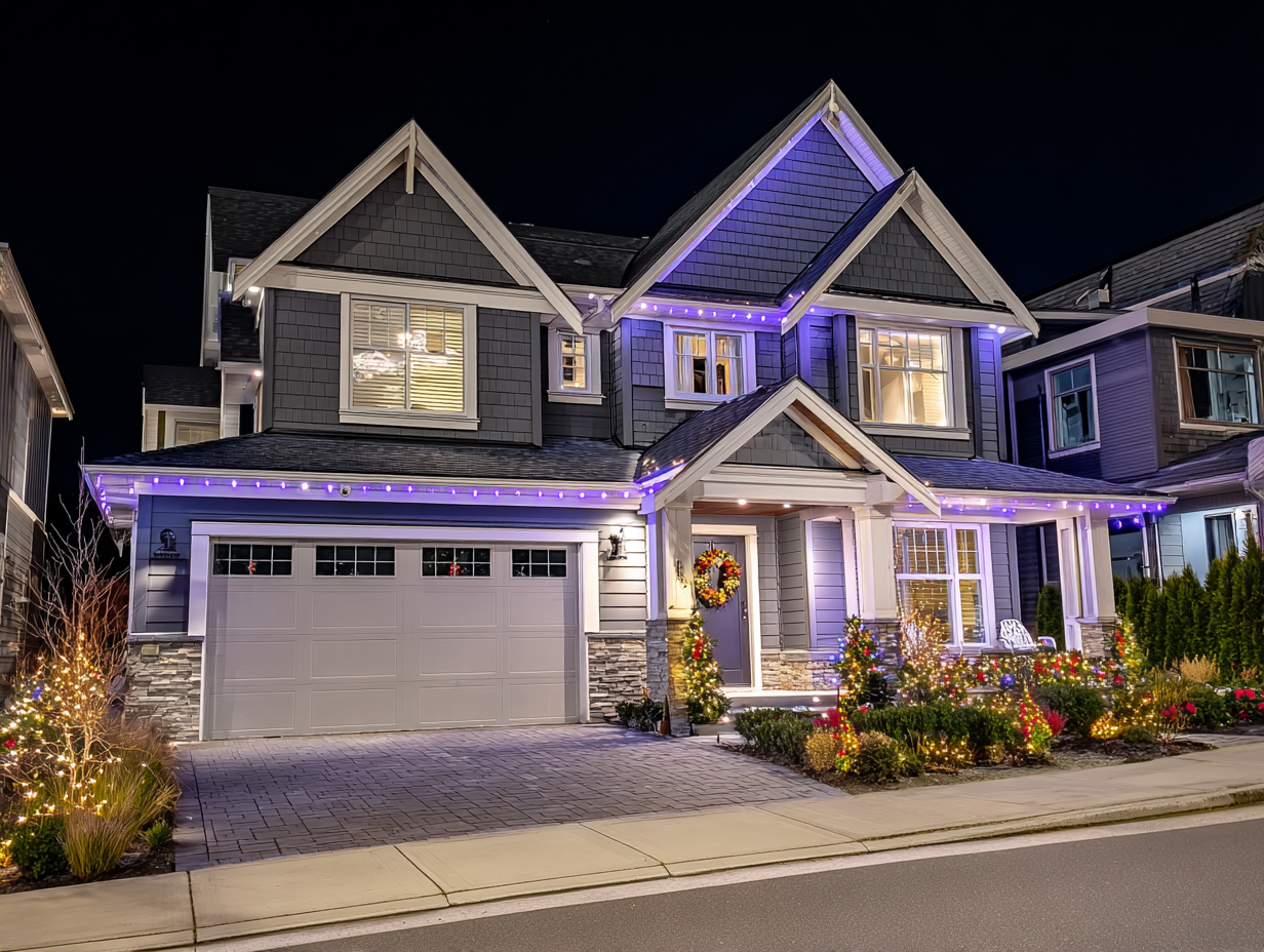 Richmond holiday lighting experts offering Christmas light installation for homes and businesses, LED festive décor Richmond BC, roof holiday lights hanging, patio string lights, backyard outdoor Christmas lighting, driveway holiday lighting services, seasonal lighting contractors near me Richmond.
