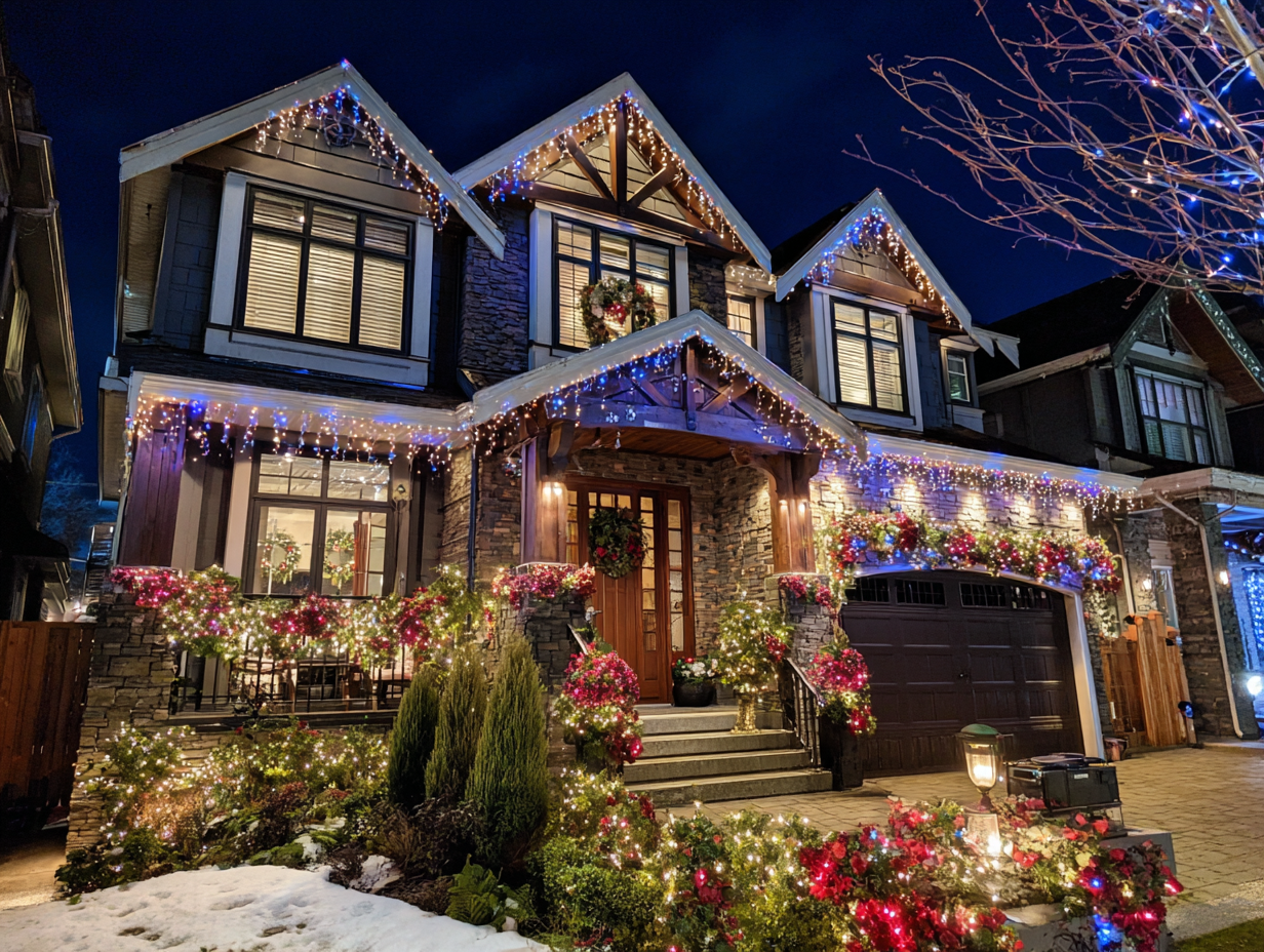 Richmond Christmas lighting contractors delivering residential LED holiday lights Richmond BC, commercial festive décor installers, roofline holiday lighting services, patio outdoor string lights Richmond, backyard décor displays, driveway Christmas lighting.