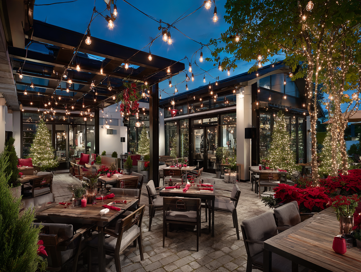 Richmond Christmas lighting installers delivering professional holiday décor services, residential LED outdoor lighting Richmond BC, commercial festive lighting contractors, roofline holiday lights setup, patio string holiday lighting, backyard décor displays.