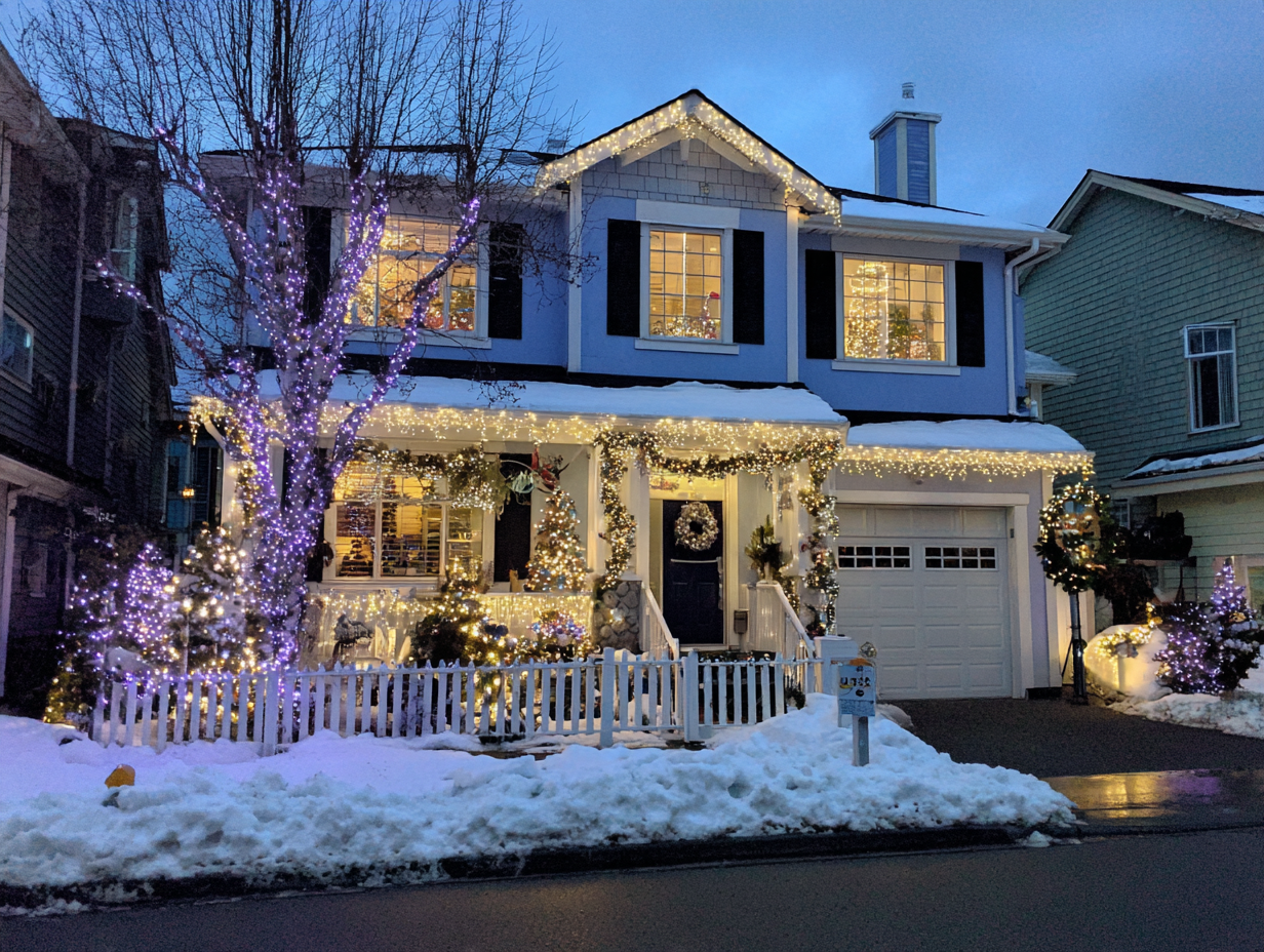 Professional Richmond Christmas lighting services for residential homes, commercial festive décor contractors Richmond BC, LED holiday lights, roofline Christmas lighting, patio string lights, backyard outdoor décor, driveway holiday lighting near me.