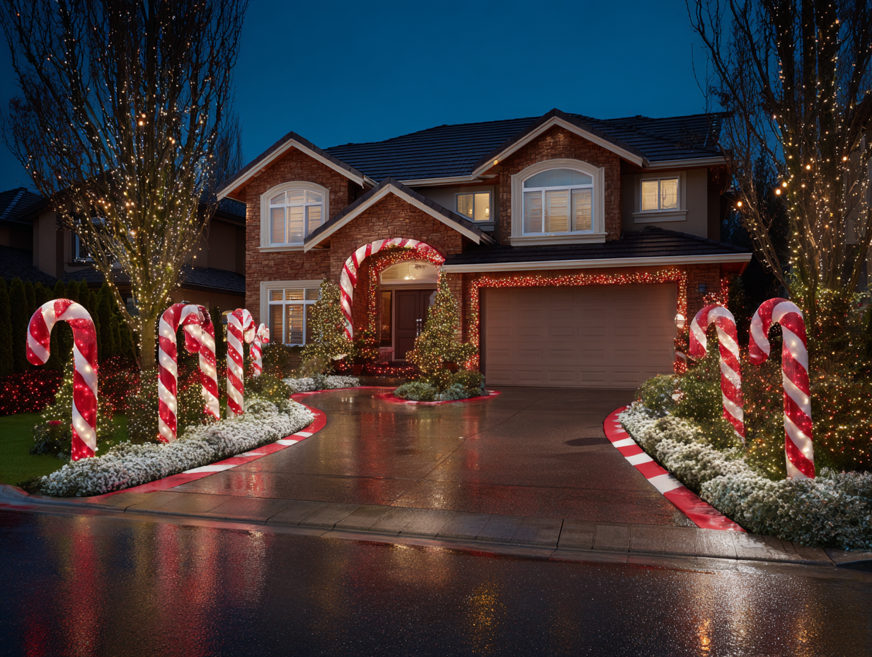 Top Richmond holiday lighting installers delivering residential Christmas lighting Richmond BC, commercial festive décor services, roofline holiday lighting installation, patio holiday string lighting, backyard festive décor displays, driveway holiday lights.