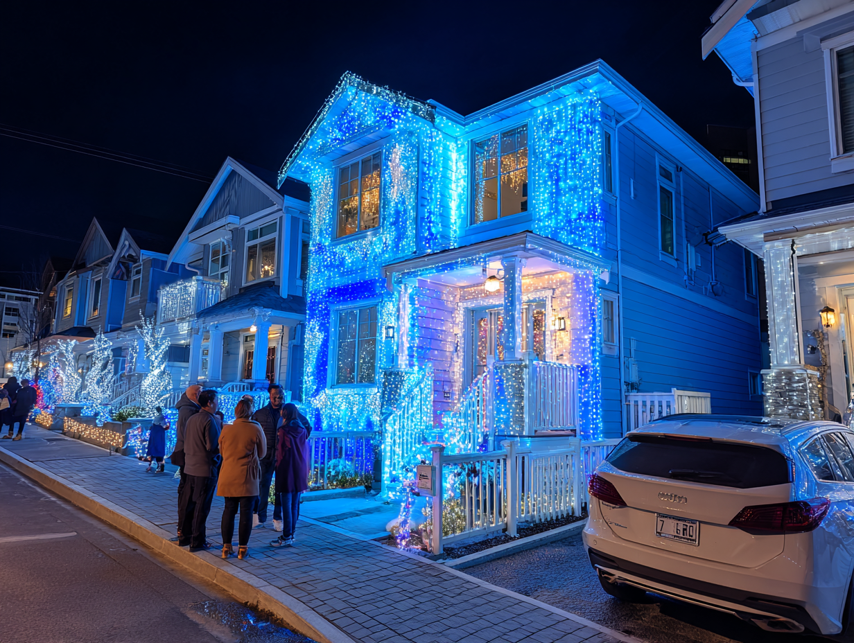 Richmond Christmas lighting professionals delivering residential outdoor holiday décor, commercial festive lighting contractors Richmond BC, LED roof holiday lights, patio string lighting Richmond, backyard Christmas displays, driveway festive lighting services.
