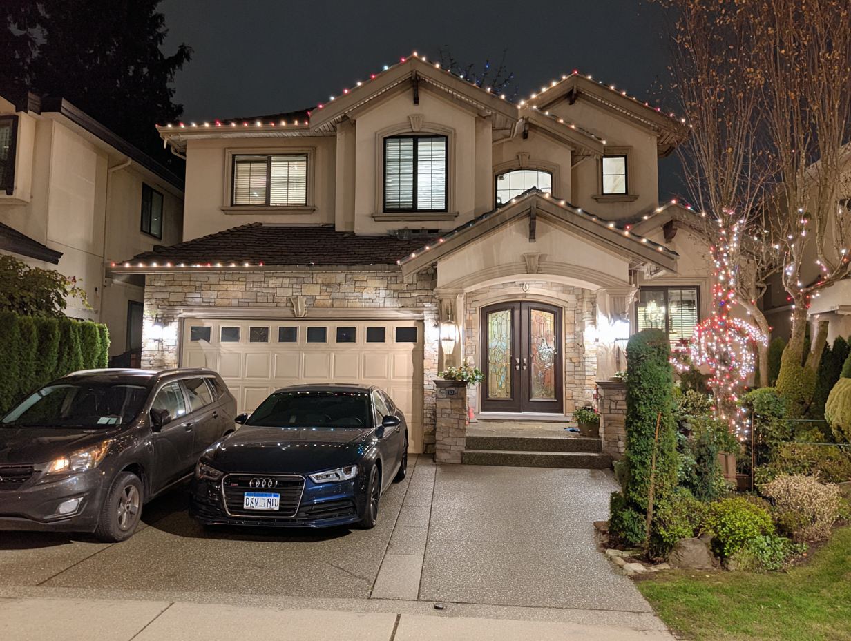 Richmond holiday lighting company providing residential outdoor décor services Richmond BC, commercial festive lighting contractors, roofline Christmas lights installation, patio string lighting Richmond, backyard holiday décor, driveway festive lighting.