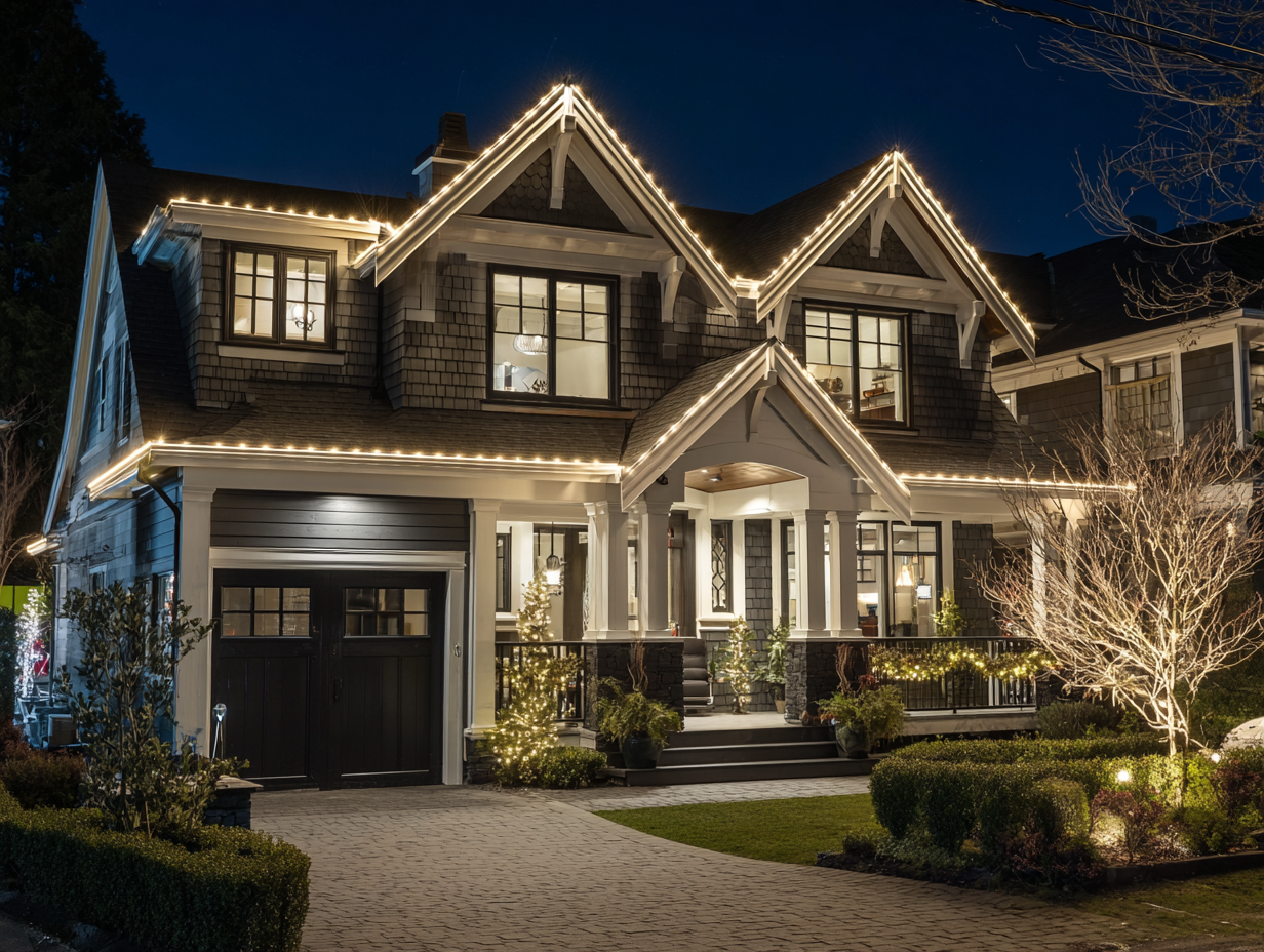 Affordable Richmond Christmas lighting contractors offering residential outdoor décor Richmond BC, commercial festive holiday lighting installers, roofline Christmas lights setup, patio string lights, backyard holiday lighting, driveway festive lighting displays near me.