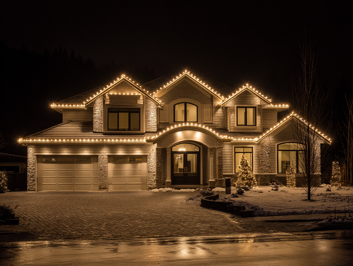 Affordable Richmond holiday lighting services offering Christmas décor installation, residential LED holiday lighting Richmond BC, commercial festive contractors, roofline lighting installers, patio holiday string lights, backyard festive lighting, driveway décor.