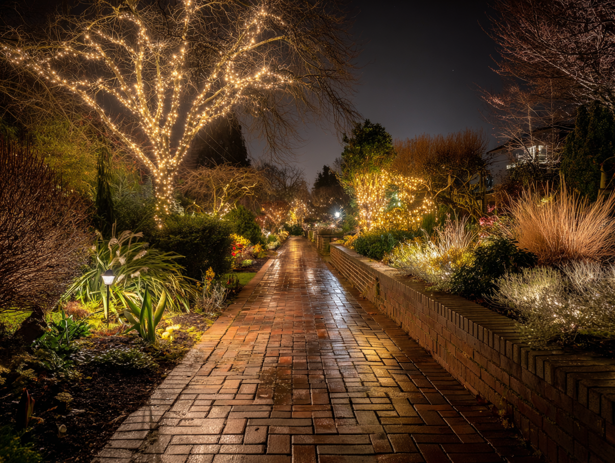 Affordable Richmond holiday lighting installers specializing in residential outdoor Christmas décor, commercial festive lighting Richmond BC, roofline holiday lights, patio string holiday lighting, backyard festive décor, driveway Christmas lighting displays.