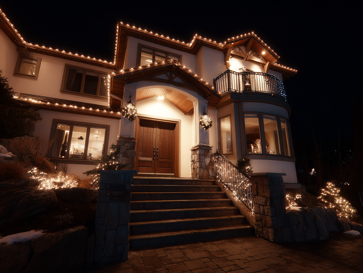 Professional Richmond Christmas lighting company providing residential LED outdoor lighting Richmond BC, commercial holiday lighting services, roof holiday lights, patio string lighting, backyard décor lighting, driveway festive lighting near me.