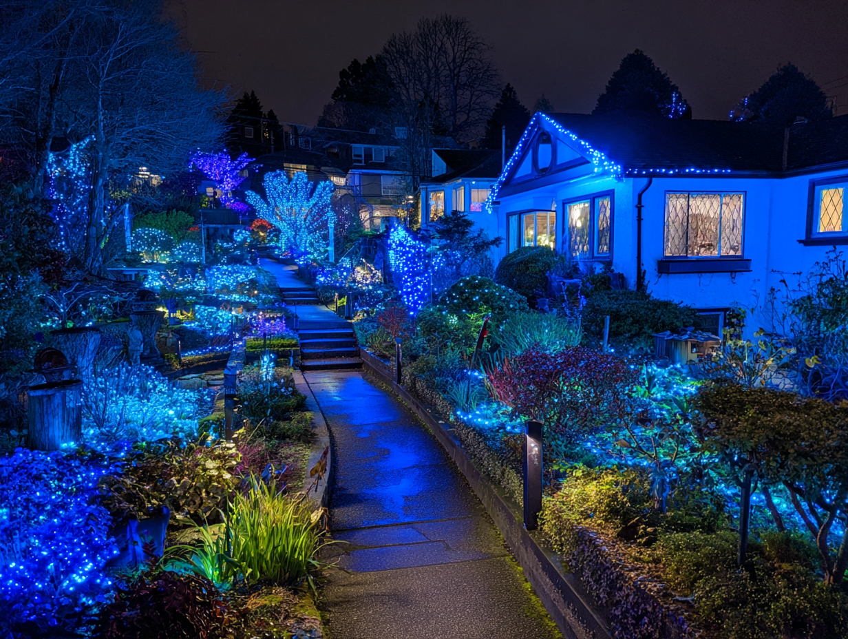 Richmond Christmas lighting contractors for residential LED outdoor décor, commercial festive holiday lighting Richmond BC, roofline lights setup, patio holiday string lighting, backyard Christmas lighting, driveway festive décor services near me.