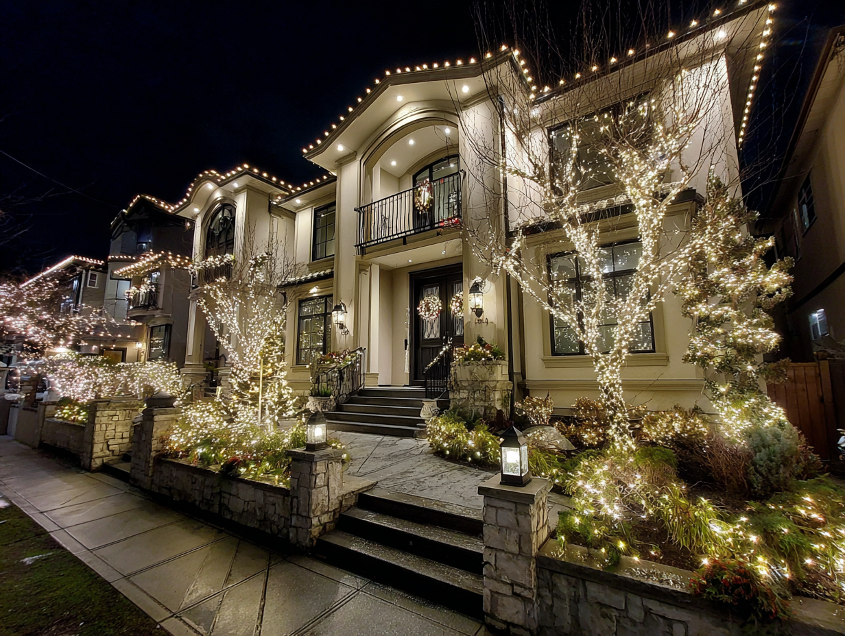 Richmond Christmas lighting company specializing in residential outdoor holiday décor, commercial festive lighting Richmond BC, roof holiday lights installers, patio string lighting Richmond, backyard décor lighting, driveway Christmas lighting displays.