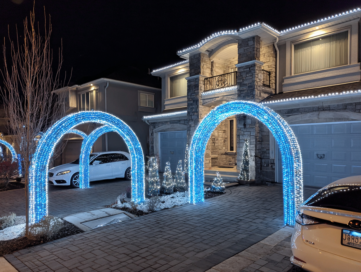 Professional Richmond Christmas lighting services providing residential LED festive décor Richmond BC, commercial holiday lighting contractors, roof holiday lights installation, backyard outdoor lighting, patio string lights, driveway Christmas lighting near me.