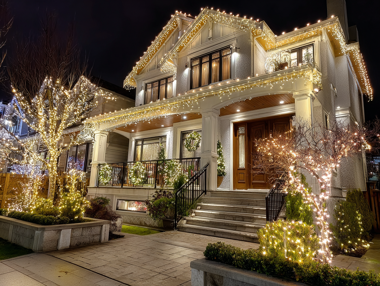 Expert Richmond holiday lighting company specializing in Christmas décor services, residential LED festive lights Richmond BC, commercial outdoor lighting contractors, roof holiday lights, patio string holiday lighting, backyard décor, driveway lighting installation.